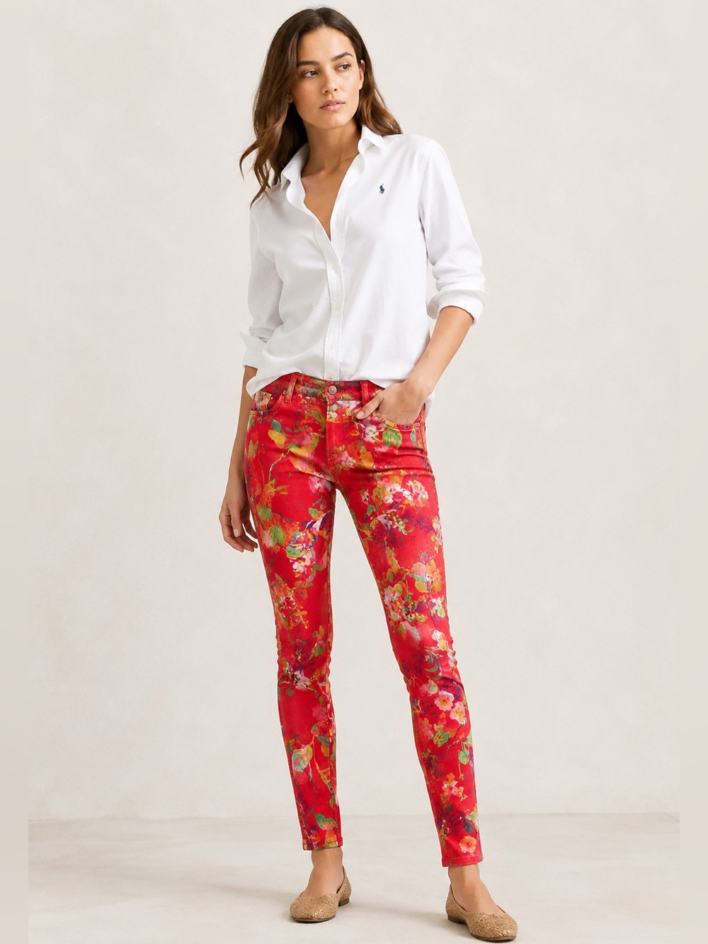 Ralph Lauren Floral Skinny Jeans Size 29 Red Watercolor Print Y2K